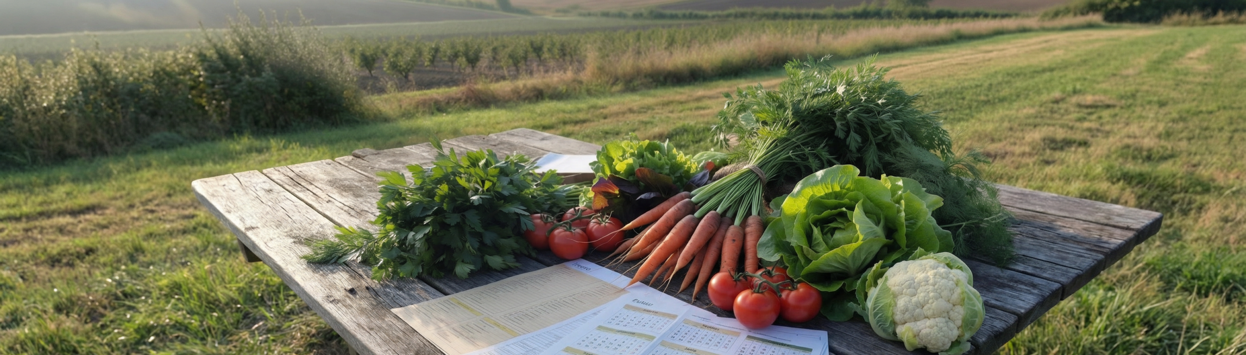 Mesa con cultivos, un calendario de siembra, y un ahojas de tareas mes a mes para el campo