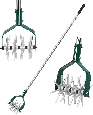 Motocultivador manual giratorio de jardín verde con mango ajustable y dientes de metal sólidos desmontables