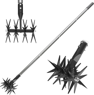 Cultivador giratorio negro de 66 pulgadas con dientes de acero templado y mango de acero inoxidable ajustable